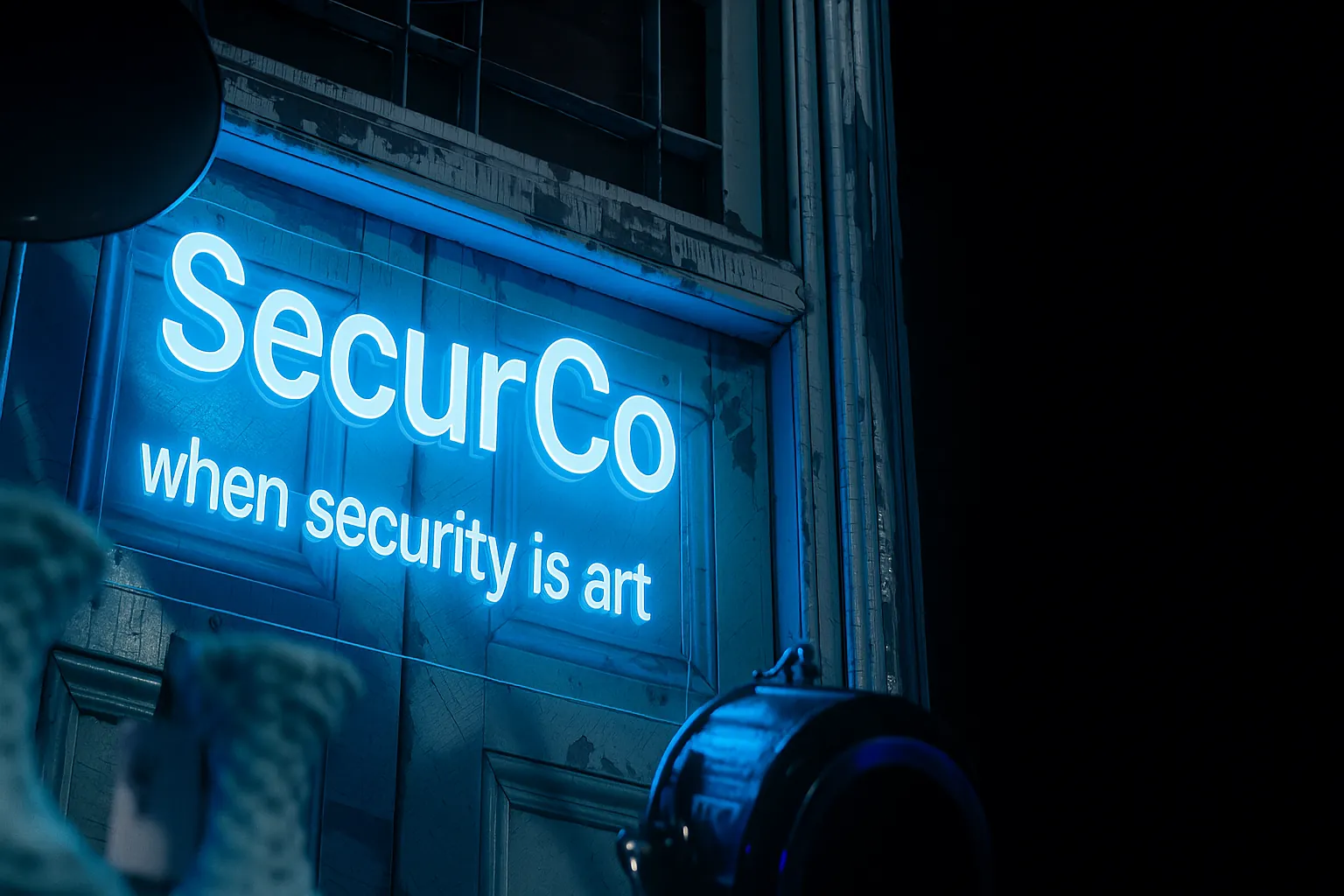 Verlichte blauwe neonbordjes met het SecurCo-logo en tagline 'when security is art' aan een gevel in de avond