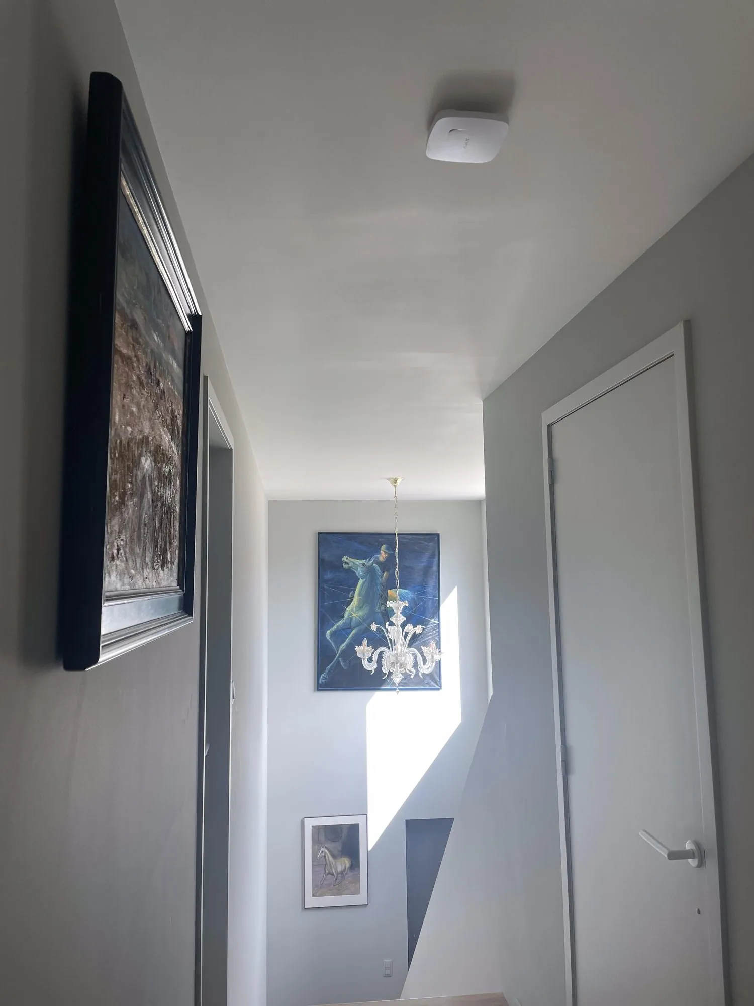 Rookmelder aan het plafond in een moderne huisgang met witte muren en deuren