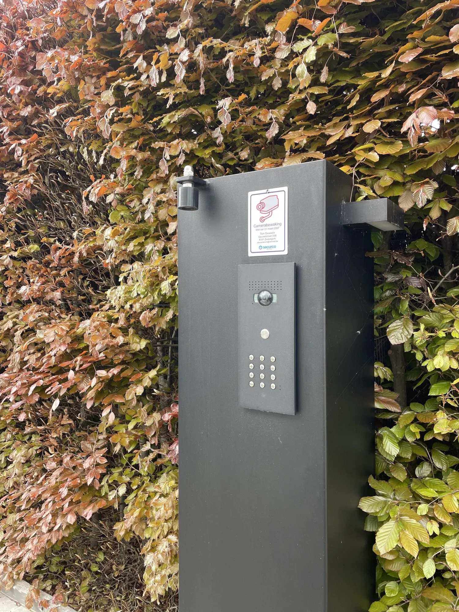 Toegangscontrolepaneel met camera en codepad op een grijze paal, omgeven door groene klimop
